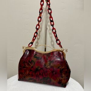 Floral Print Cowhide Leather Handmade Double Kisslock Top Handle Bag/Crossbody
